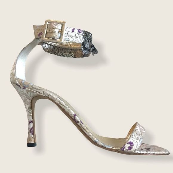 Manolo Blahnik Shoes - MANOLO BLAHNIK Jacquard Coin Metal Chain Heels